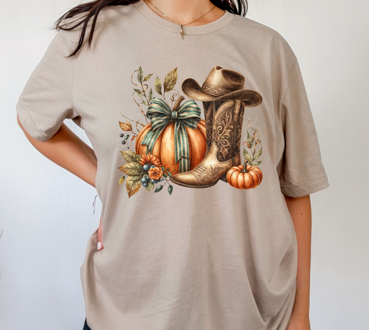 Cowboy boots and pumpkin